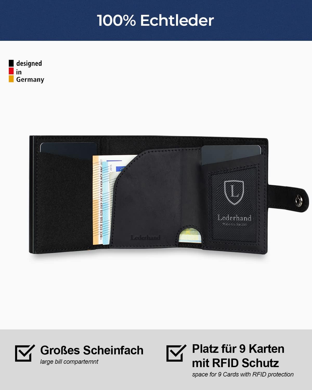 Fargo Geldbörse aus Leder – Handgemacht für Herren und Damen, RFID-Schutz, Platz für 9 Karten, Schwarz