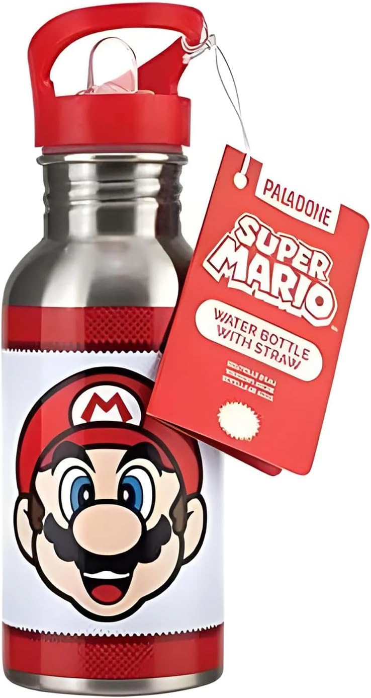 Offizielles Nintendo Super Mario Edelstahl-Trinkflasche mit Strohhalm, 450 ml