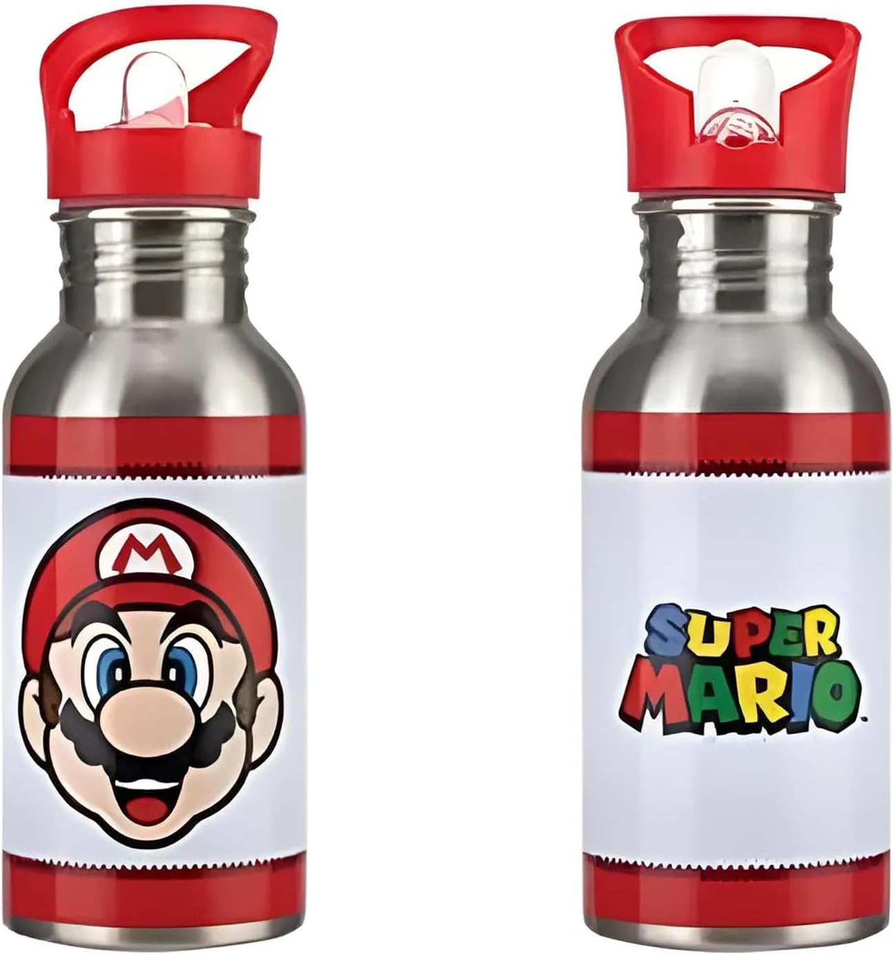 Offizielles Nintendo Super Mario Edelstahl-Trinkflasche mit Strohhalm, 450 ml