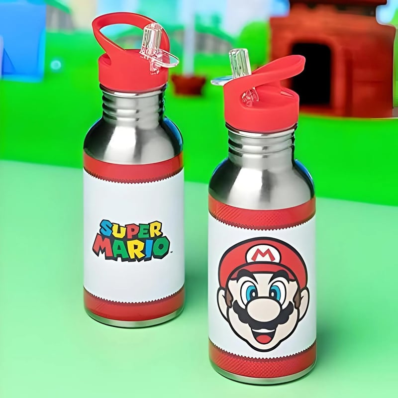 Offizielles Nintendo Super Mario Edelstahl-Trinkflasche mit Strohhalm, 450 ml