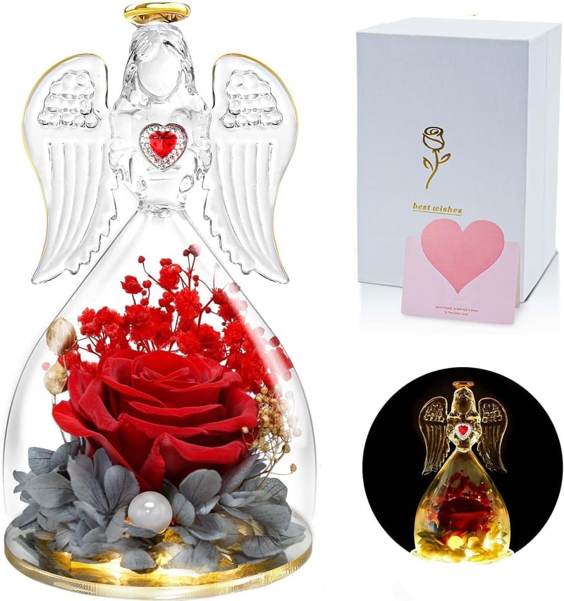 Ewige Rose in Engel-Figur mit LED-Licht – Geschenk für Frauen
