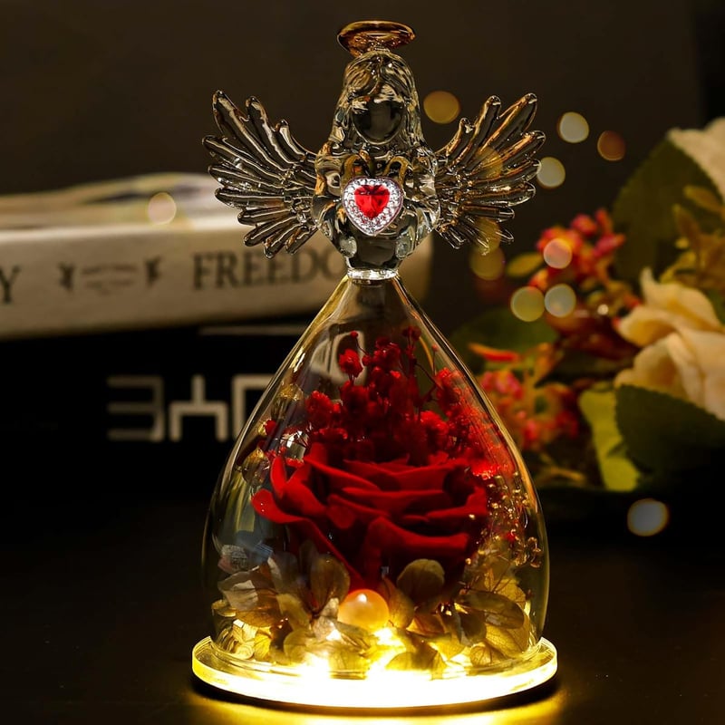 Ewige Rose in Engel-Figur mit LED-Licht – Geschenk für Frauen