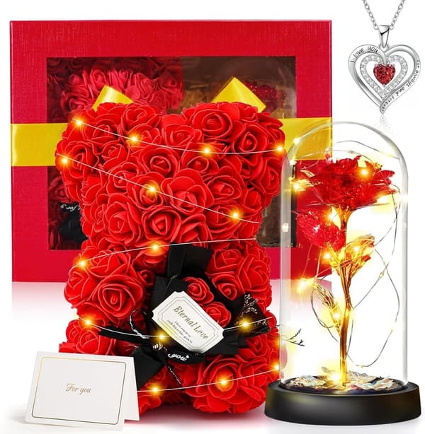 Muttertagsgeschenk: Rosenbär mit Licht, ewige Rose im Glas und Halskette set für Frauen