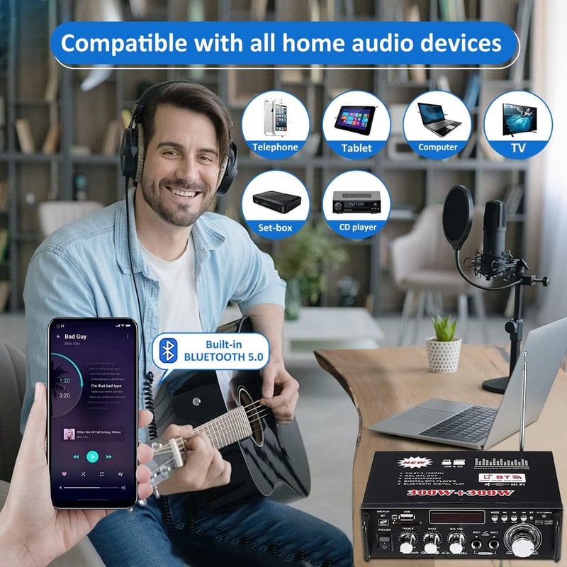 HIFI Mini Verstärker mit Bluetooth 5.0, 600 W, für Zuhause oder Auto