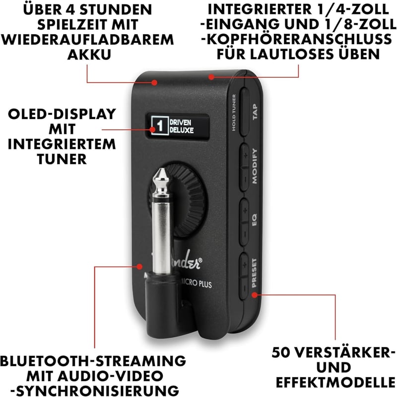 Fender Mustang Micro Plus Gitarrenverstärker für Kopfhörer mit Bluetooth