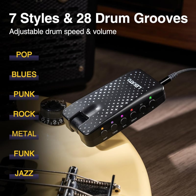 Mini-Gitarrenverstärker mit 28 Drum-Grooves, 14 Effekten & Bluetooth