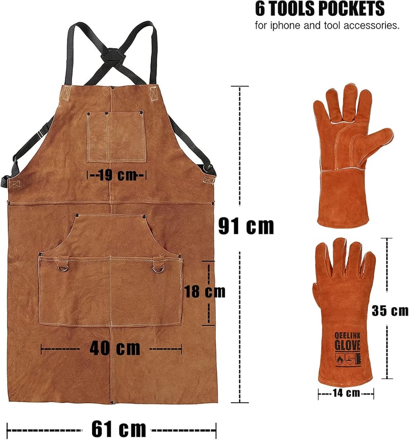 Flammhemmende Lederschürze mit 6 Taschen für Handwerker