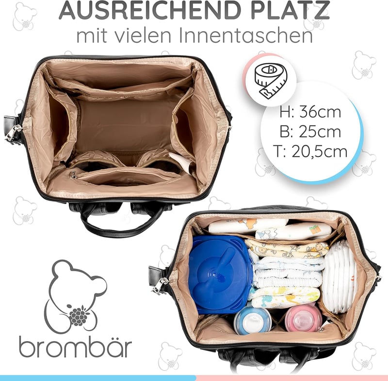Brombär Wickelrucksack Schwarz mit Kinderwagenhaken und Fächern