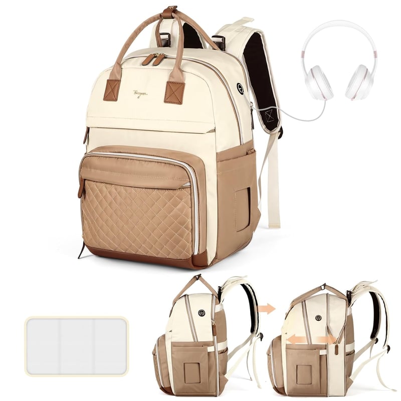 Erweiterbarer Wickelrucksack für Mütter mit Wickelauflage, Braun-Aprikose