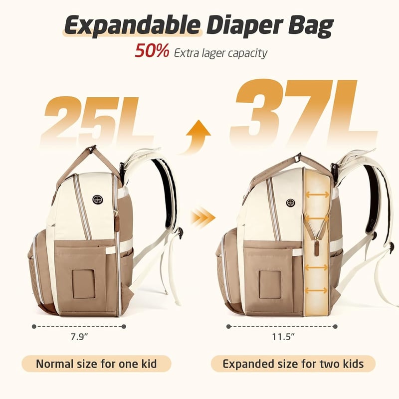 Erweiterbarer Wickelrucksack für Mütter mit Wickelauflage, Braun-Aprikose