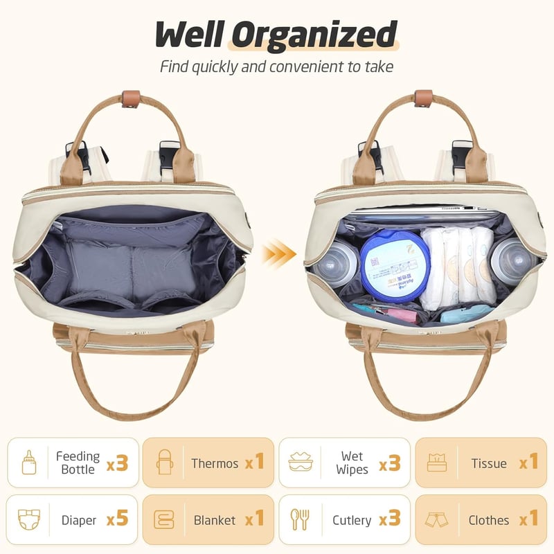 Erweiterbarer Wickelrucksack für Mütter mit Wickelauflage, Braun-Aprikose