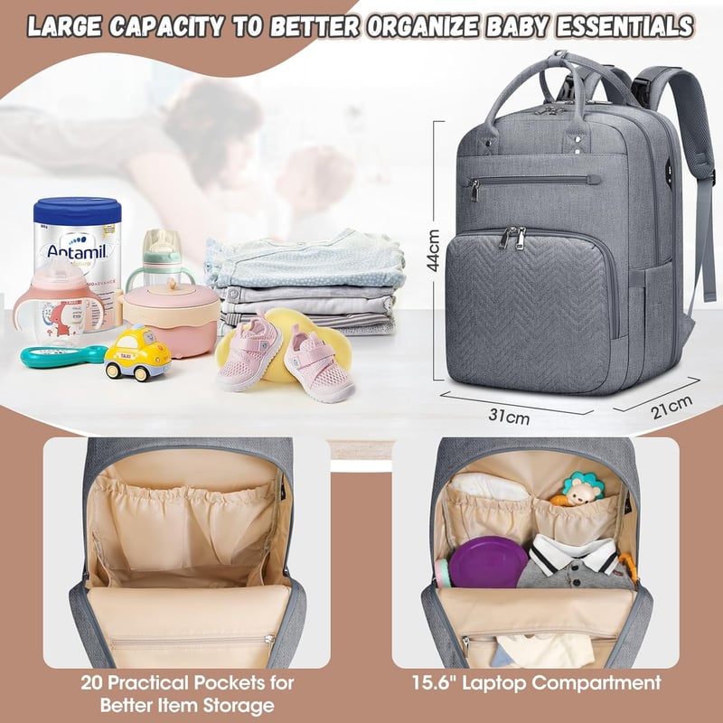 Wickelrucksack für Baby mit Wickelunterlage – Multifunktionale Tasche für Eltern in Grau