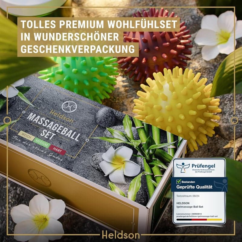 Premium Massageball Set für Faszienmassage - 3 Härtegrade, Igelball