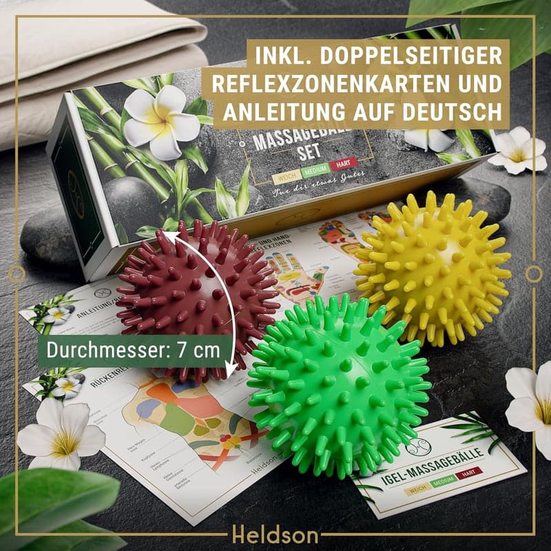 Premium Massageball Set für Faszienmassage - 3 Härtegrade, Igelball