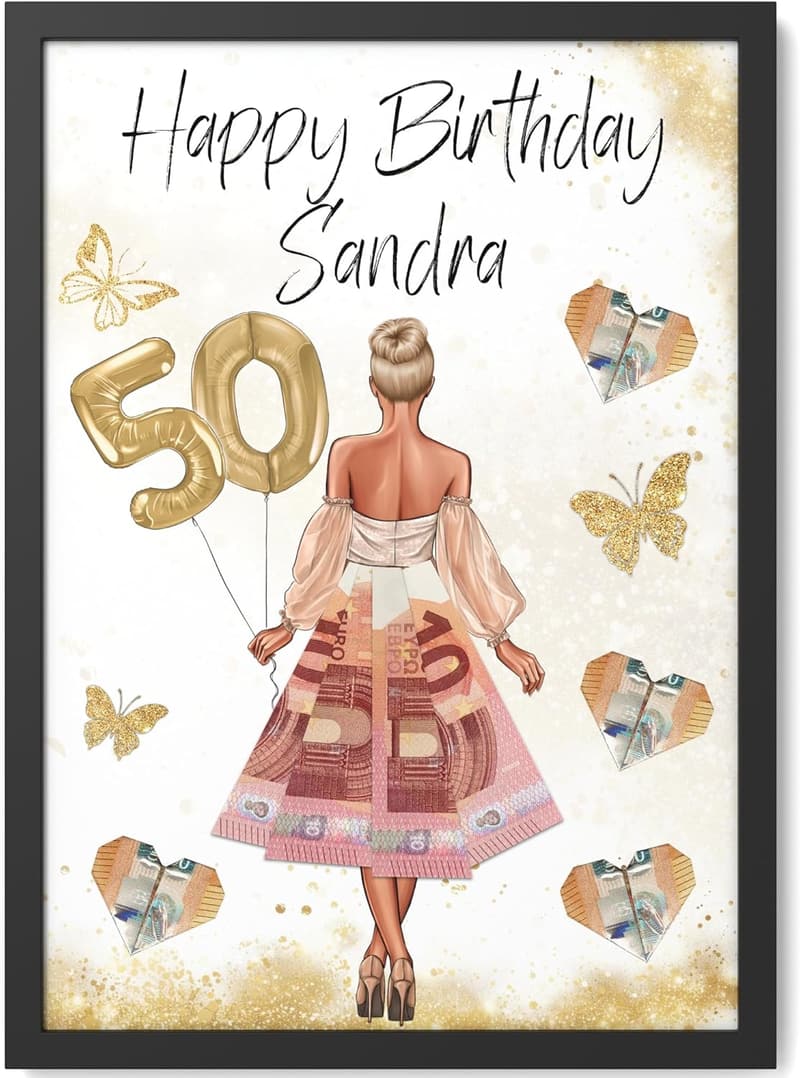 Geldgeschenk zum 50. Geburtstag | Personalisierbares Bilderrahmen-Geschenk für Frauen