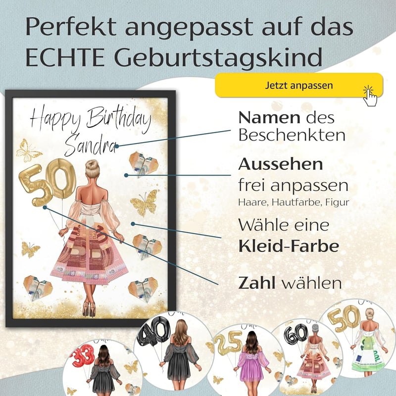 Geldgeschenk zum 50. Geburtstag | Personalisierbares Bilderrahmen-Geschenk für Frauen