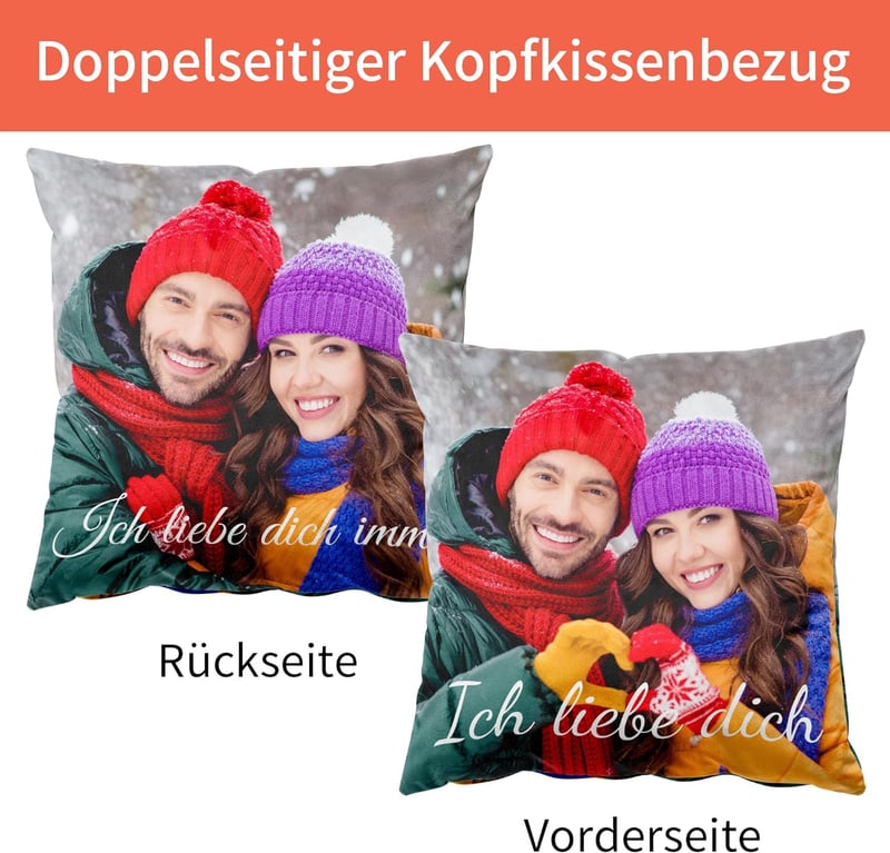 Personalisierbares Samtkissen 40x40 cm mit 2 Fotos & Text für Geburtstagsgeschenke