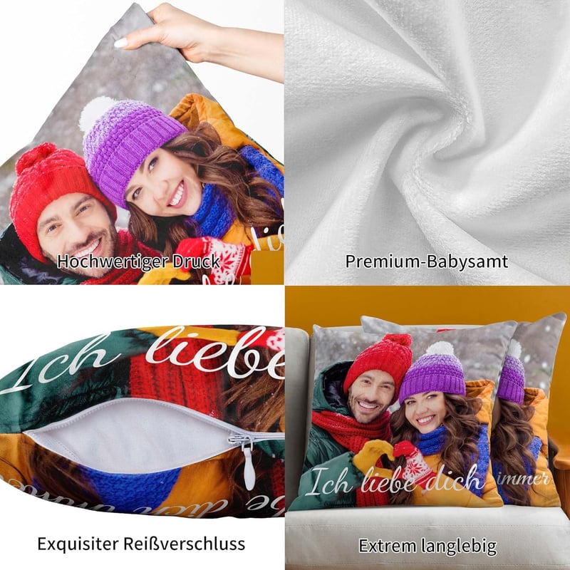 Personalisierbares Samtkissen 40x40 cm mit 2 Fotos & Text für Geburtstagsgeschenke