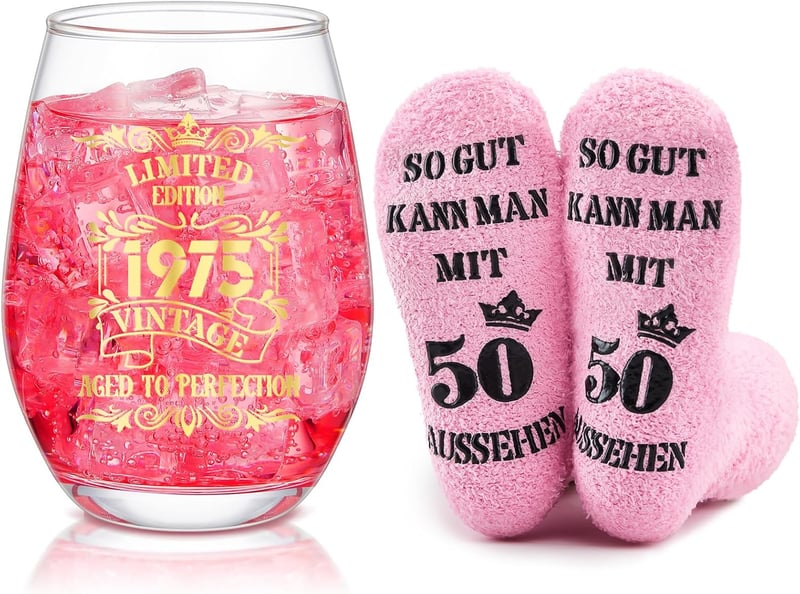 50. Geburtstag Geschenkset für Frauen – Rotweingläser & Socken