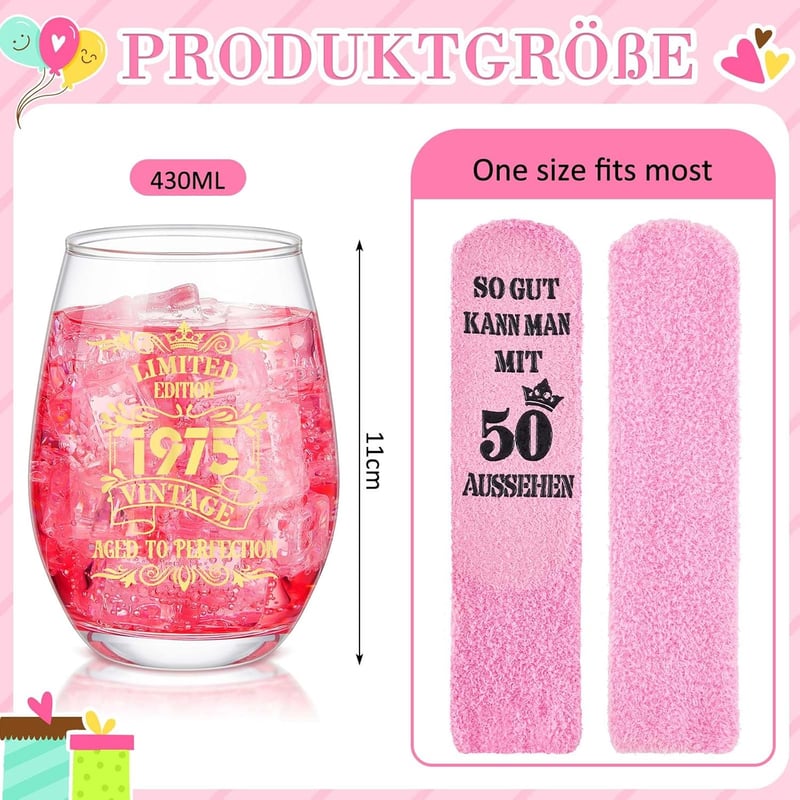 50. Geburtstag Geschenkset für Frauen – Rotweingläser & Socken