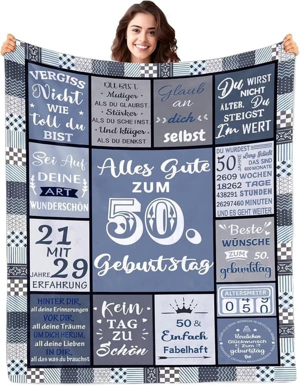 Kuscheldecke 50. Geburtstag für Frauen – Blau, 150x200 cm