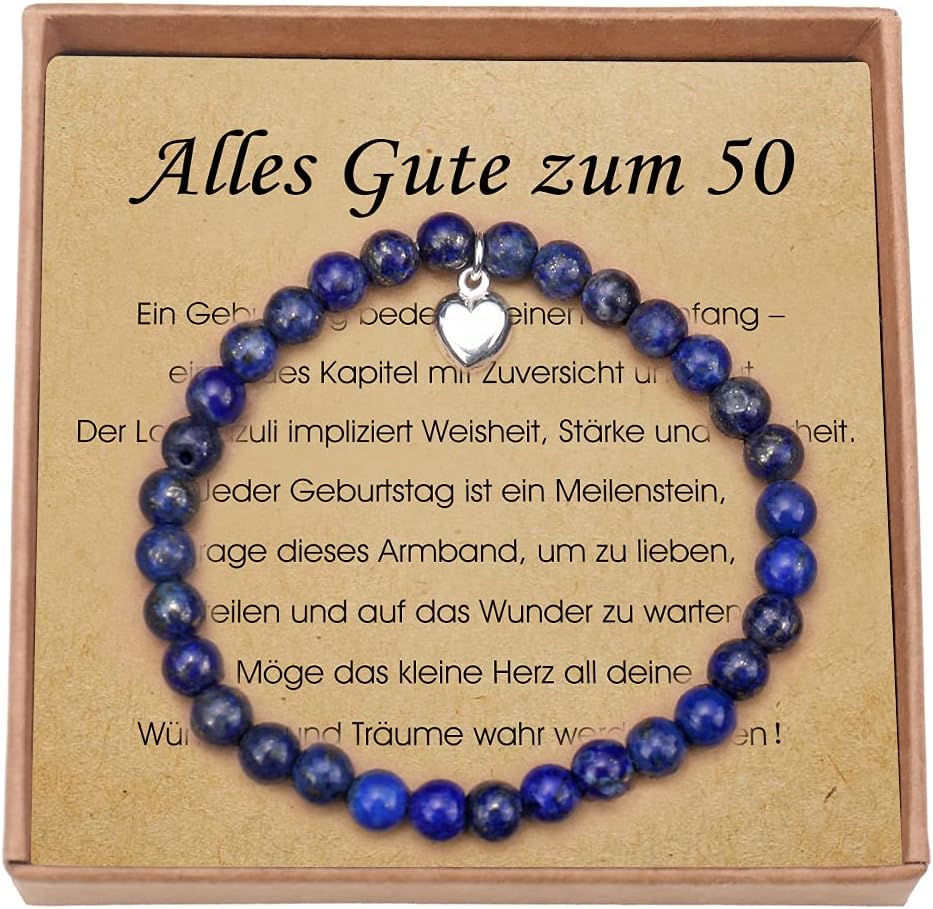 Lapislazuli-Armband mit Herzanhänger aus Sterlingsilber für Frauen zum 50. Geburtstag