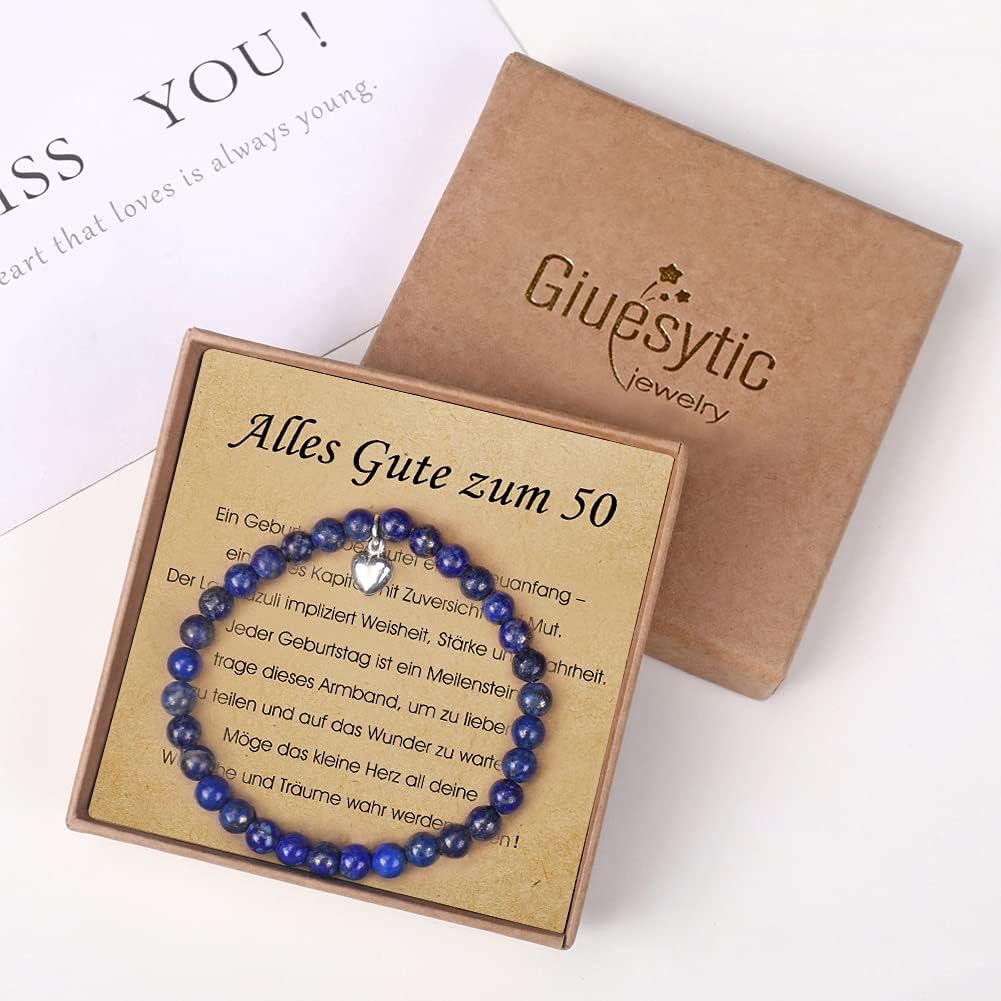 Lapislazuli-Armband mit Herzanhänger aus Sterlingsilber für Frauen zum 50. Geburtstag