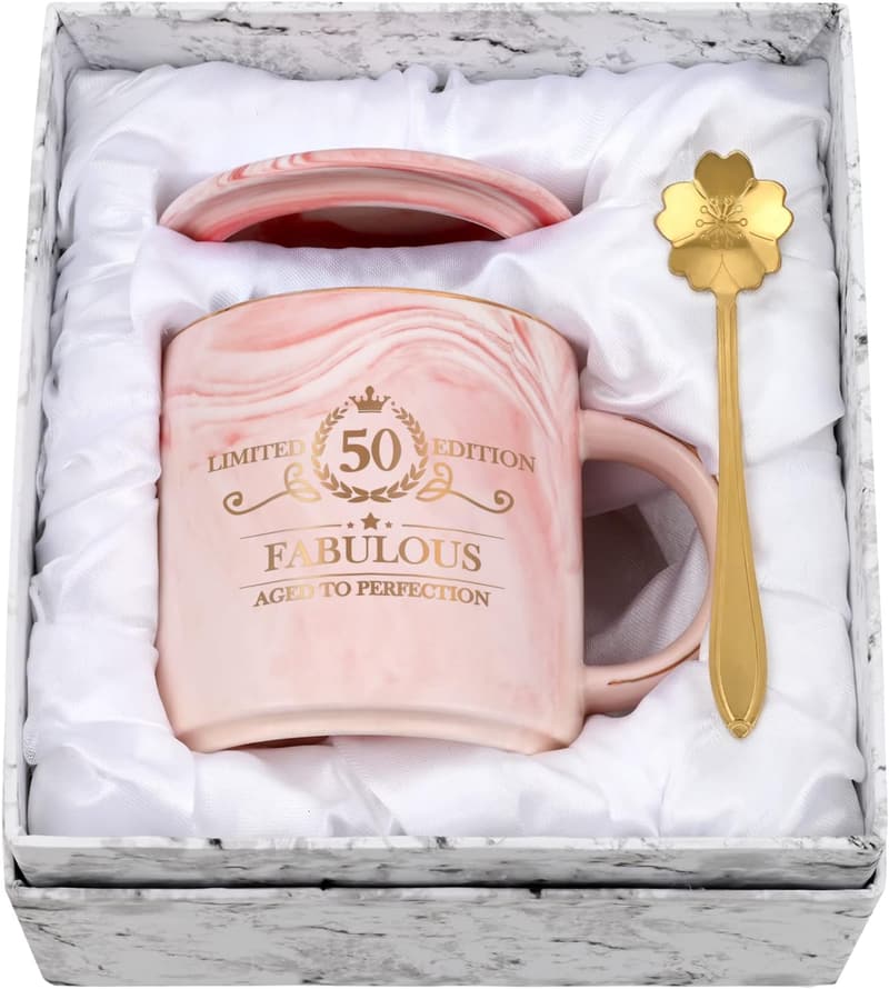 Geschenk zum 50. Geburtstag: Rosa Kaffeetasse für Frauen 12oz