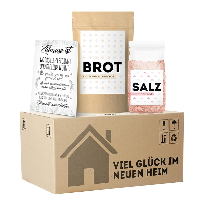 Einweihungsgeschenk: Brot und Salz im Mini-Umzugskarton