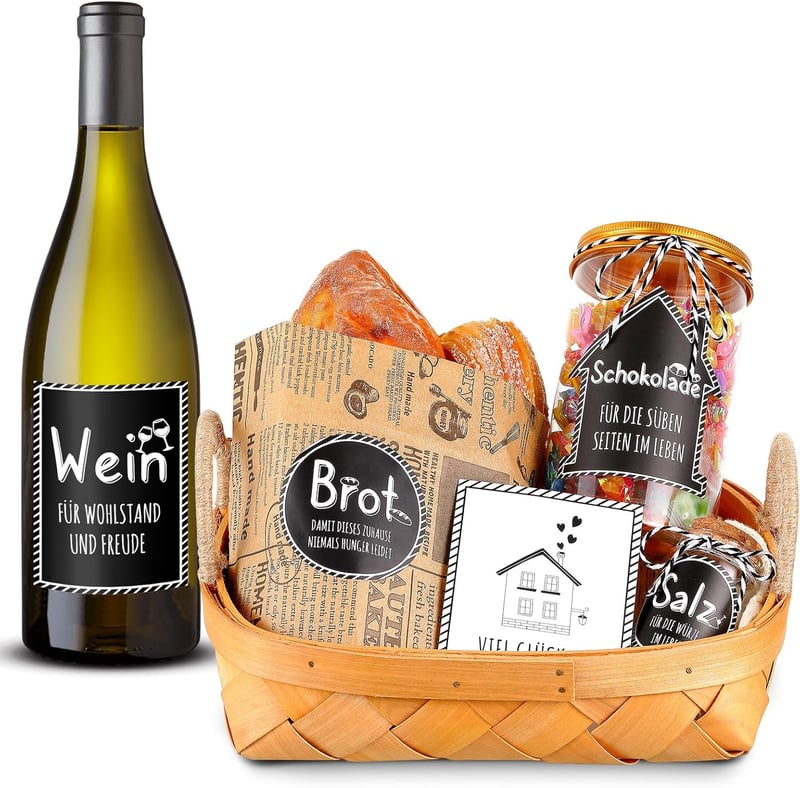 Einweihungsgeschenk: 8 Schokoladenbrot- und Weinaufkleber mit Glückwunschkarte
