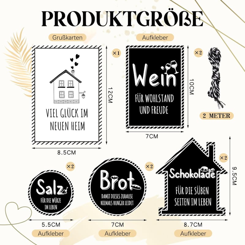 Einweihungsgeschenk: 8 Schokoladenbrot- und Weinaufkleber mit Glückwunschkarte