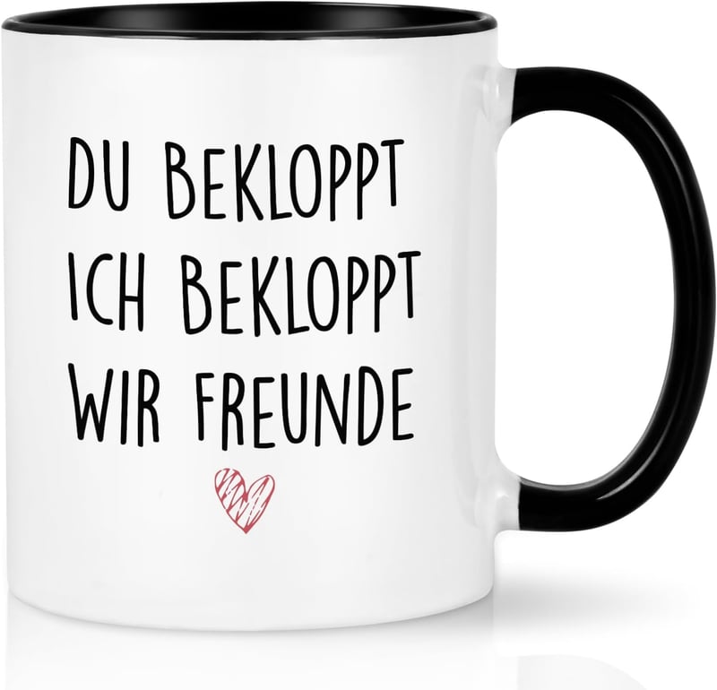 Lustige Kaffeetasse für Freunde – Spruch: „Du Ich Bekloppt Wir Freunde“, Schwarz