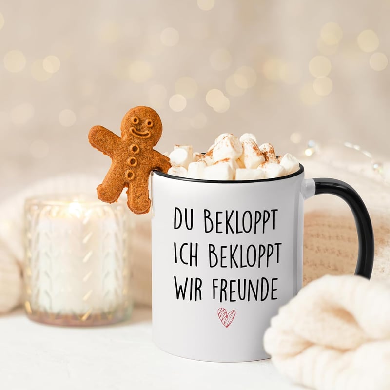 Lustige Kaffeetasse für Freunde – Spruch: „Du Ich Bekloppt Wir Freunde“, Schwarz