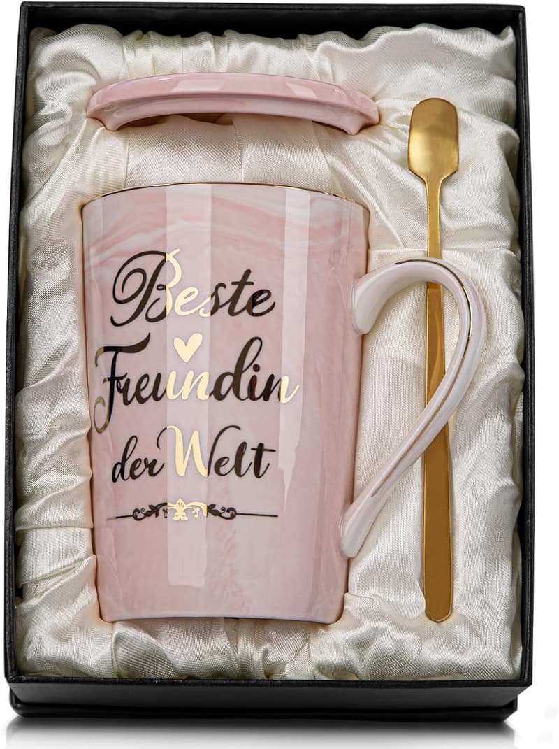 Geschenk für beste Freundinnen: Rosa Tasse mit Deckel, 400ml