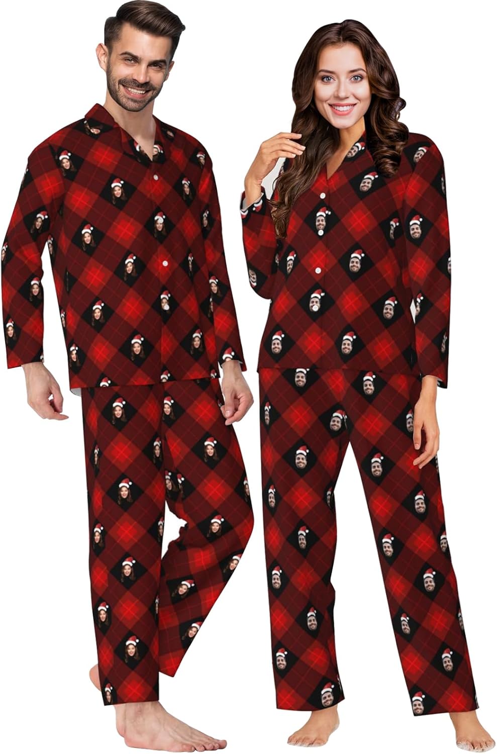 Personalisierter karierteter Pyjama mit lustigem Gesicht für Paare