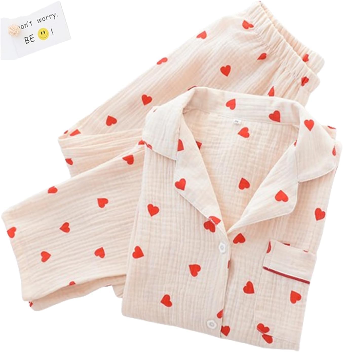 Baumwoll-Pyjama-Set mit Herz-Print für Damen, langärmlig