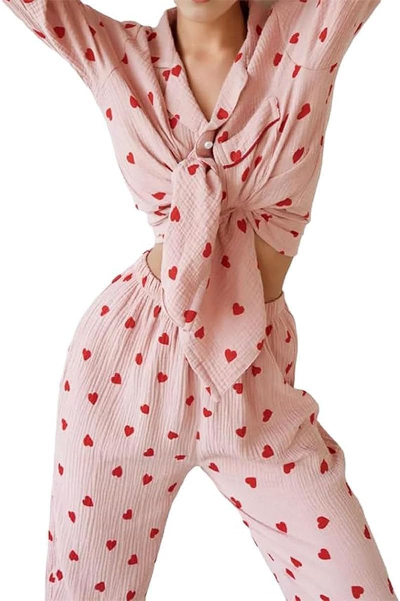 Süßes Herz-Print Baumwoll-Pyjama-Set für Frauen