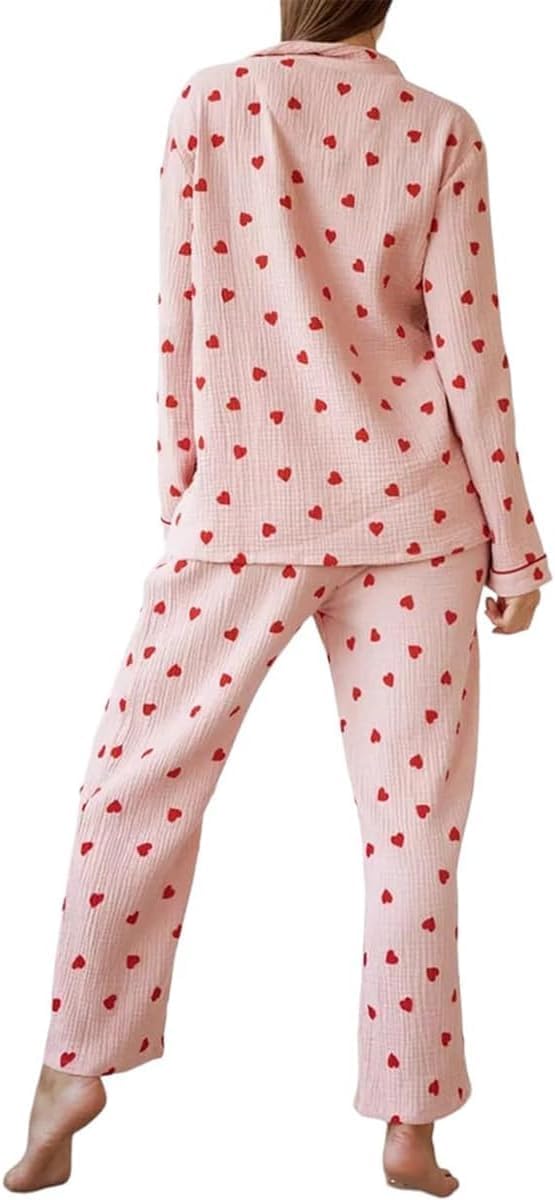 Süßes Herz-Print Baumwoll-Pyjama-Set für Frauen