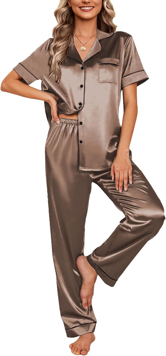 Damen Satin Schlafanzug Set mit Knopfleiste – Kurzarm und Hose