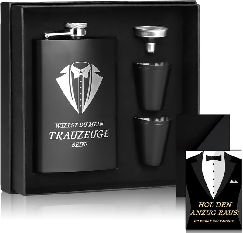 Trauzeugen Flachmann 8oz mit Gravur und Bechern in Geschenkbox