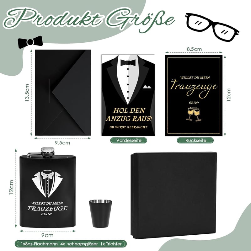 Trauzeugen Flachmann 8oz mit Gravur und Bechern in Geschenkbox