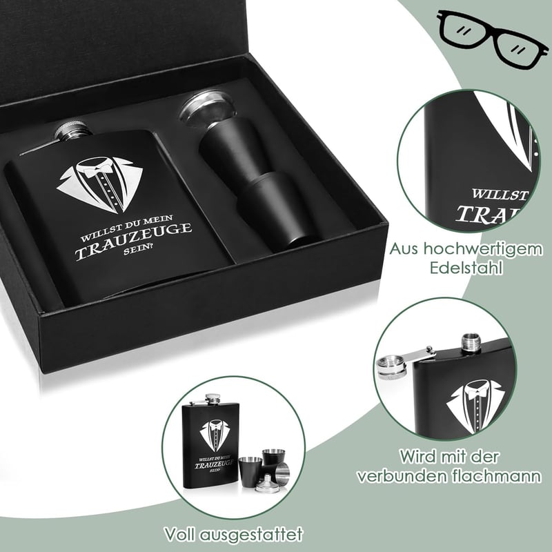 Trauzeugen Flachmann 8oz mit Gravur und Bechern in Geschenkbox