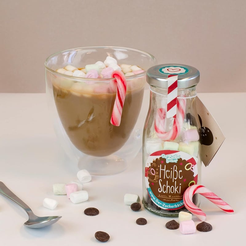DIY heiße Schokolade im Glas mit 45 g Schokodrops und Mini-Marshmallows