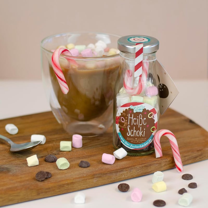 DIY heiße Schokolade im Glas mit 45 g Schokodrops und Mini-Marshmallows