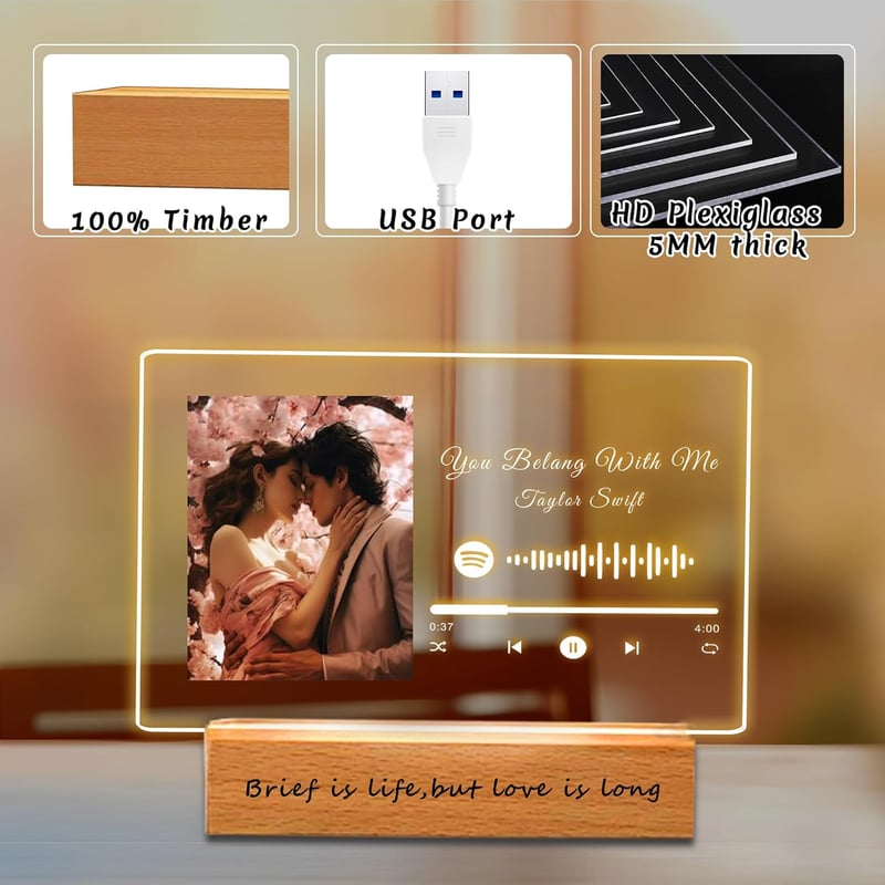 Personalisierte Spotify Plakette mit Bild und Holzsockel – Geschenke für Paare (5 Größen: 15–40 cm)