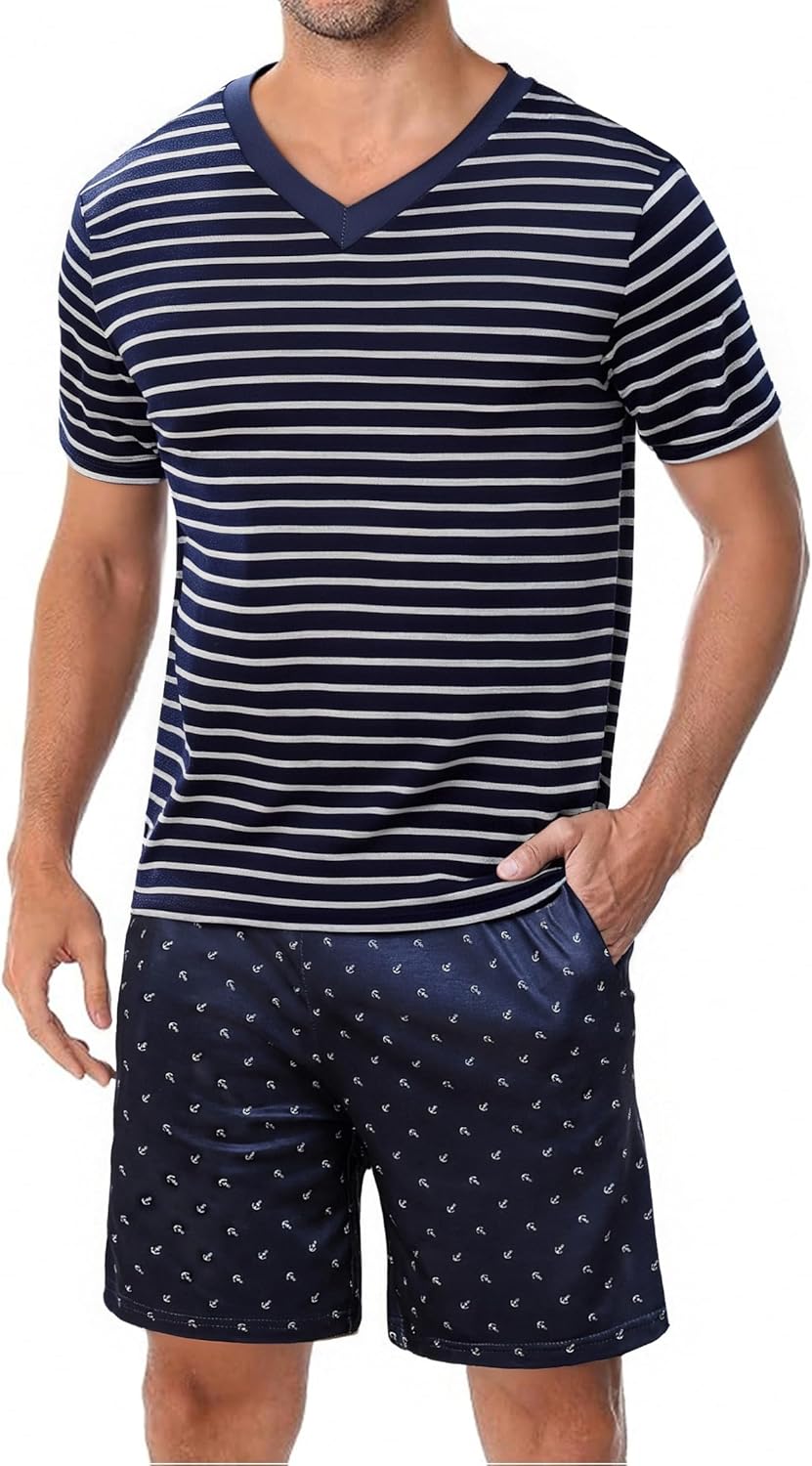 Kurzarm Schlafanzug Set aus Baumwolle für Herren – Streifen Design