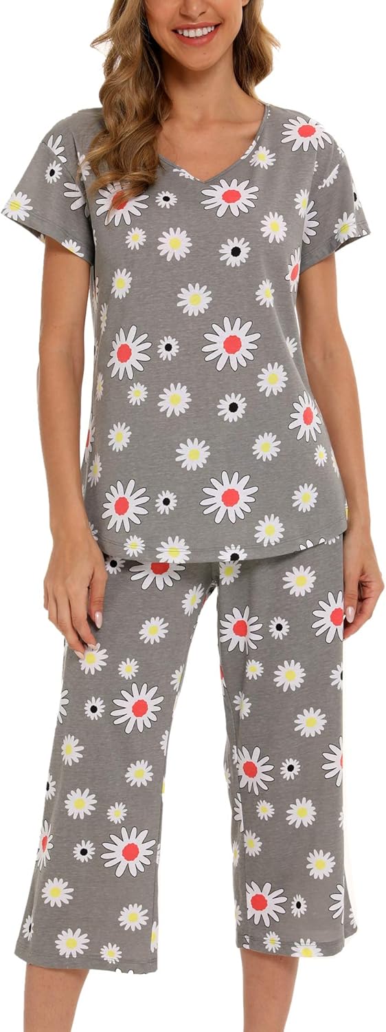 Sommer Schlafanzug Damen Baumwolle Kurzarm Top und 3/4 Hose