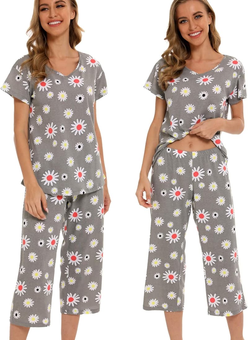 Sommer Schlafanzug Damen Baumwolle Kurzarm Top und 3/4 Hose