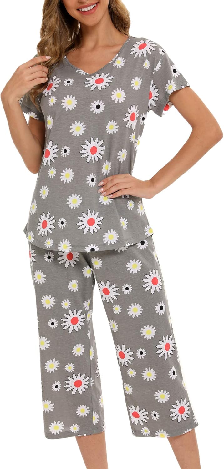 Sommer Schlafanzug Damen Baumwolle Kurzarm Top und 3/4 Hose