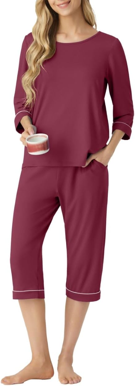 Damen Pyjama Set mit Taschen - Rundhalsausschnitt, 3/4 Ärmel